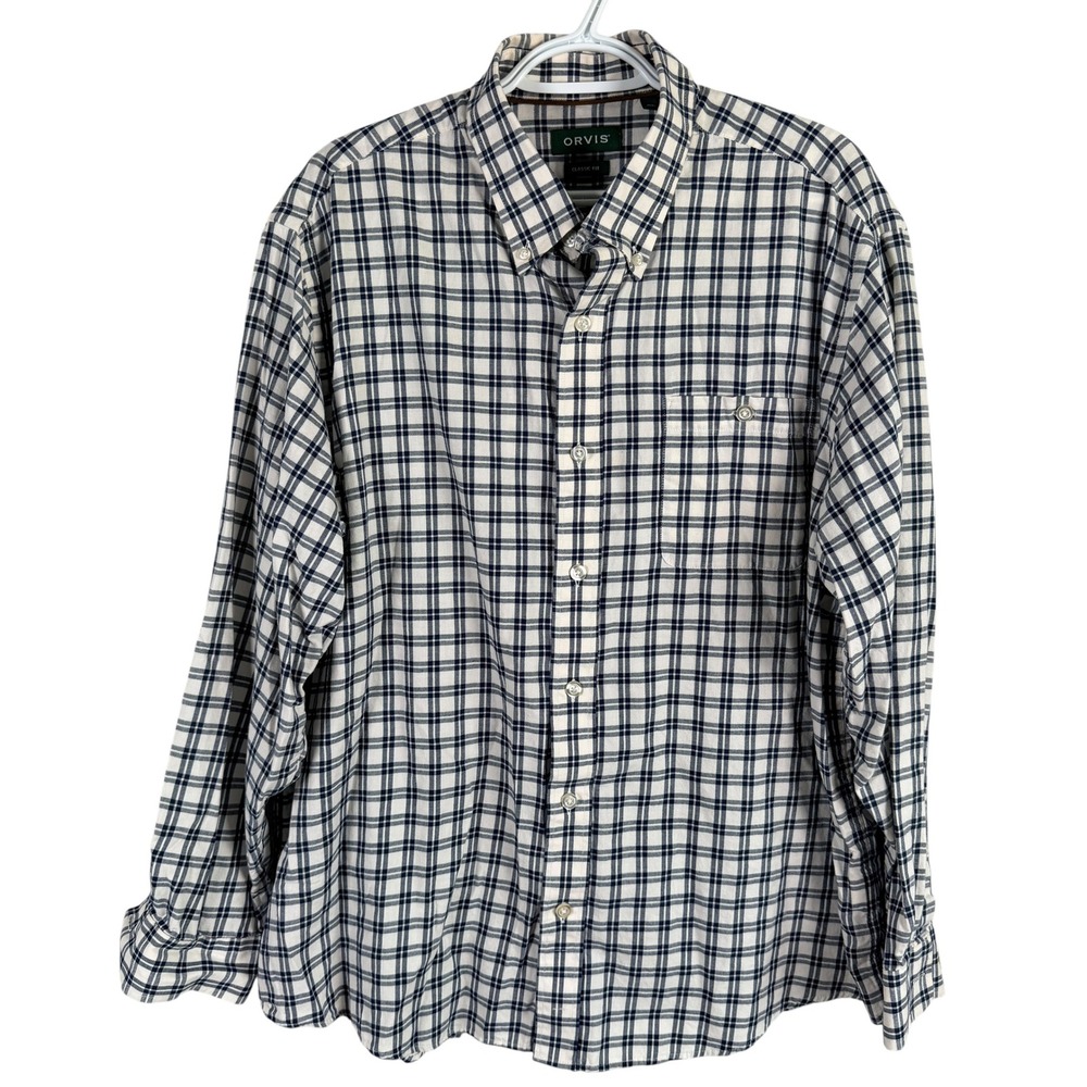 Orvis Flannel Shirt Button Down Mens XL Navy Blue White Plaid Classic Fit Cotton